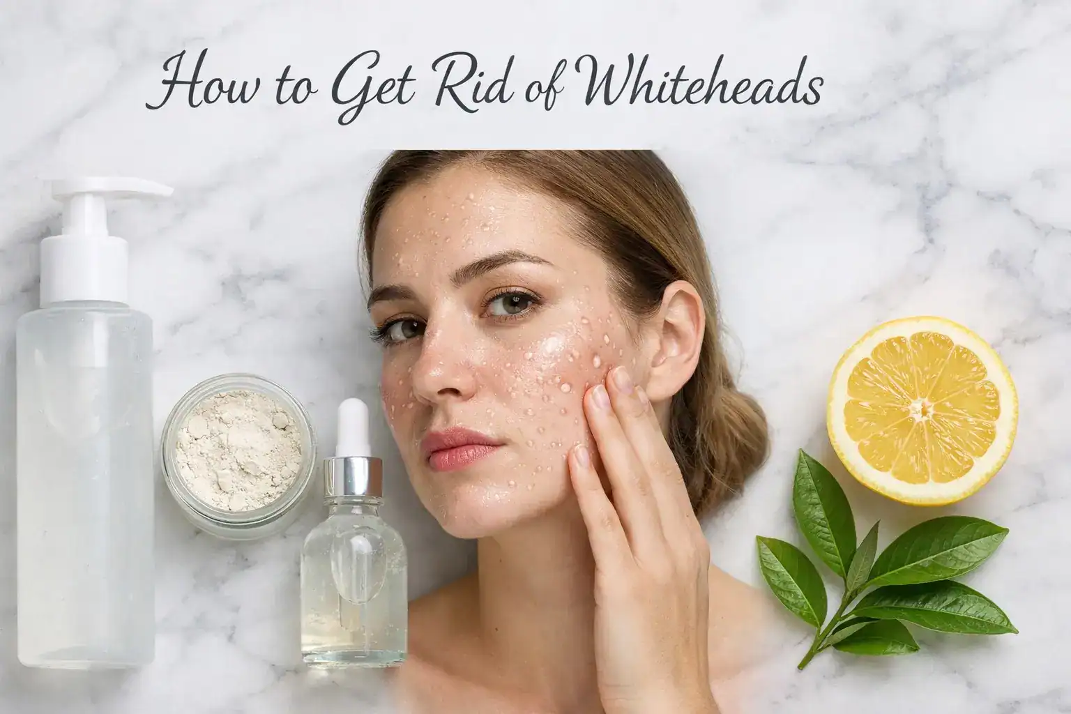 Skincare products for treating whiteheads include salicylic acid cleanser clay mask and niacinamide serum on clean white surface