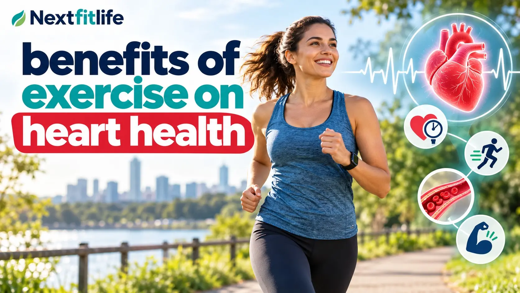 Benefits of exercise on heart health showing aerobic activity, stronger cardiovascular fitness, healthy blood vessels, and blood pressure support