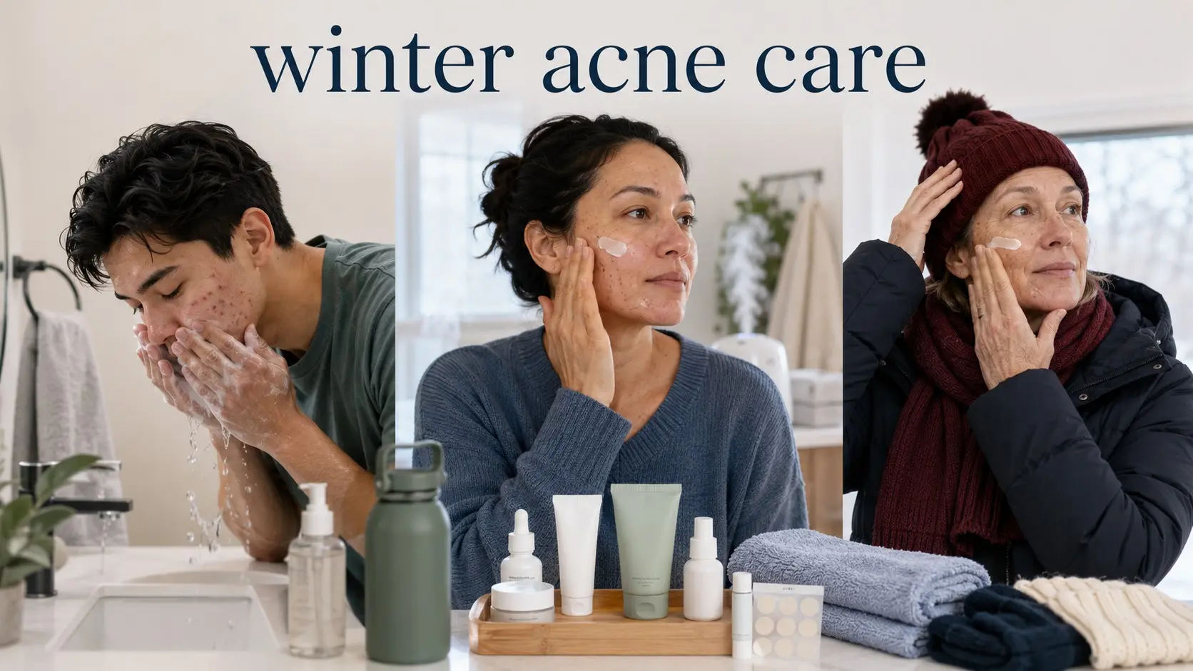 winter acne care- Adults using gentle cleanser, acne treatment, moisturizer, and sunscreen as part of a winter acne care routine