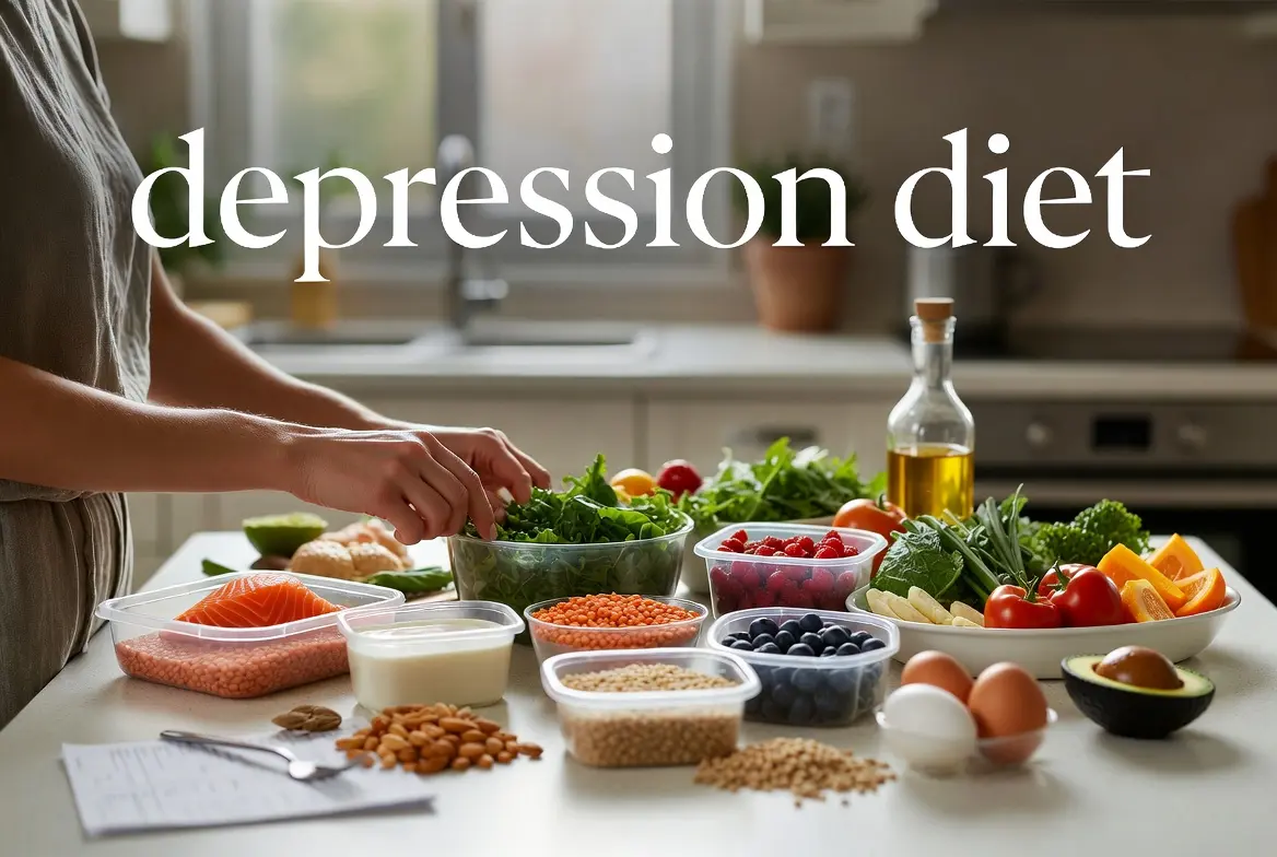 depression diet- Mediterranean-style meal with fish, leafy greens, lentils, whole grains, berries, yogurt, nuts and olive oil.