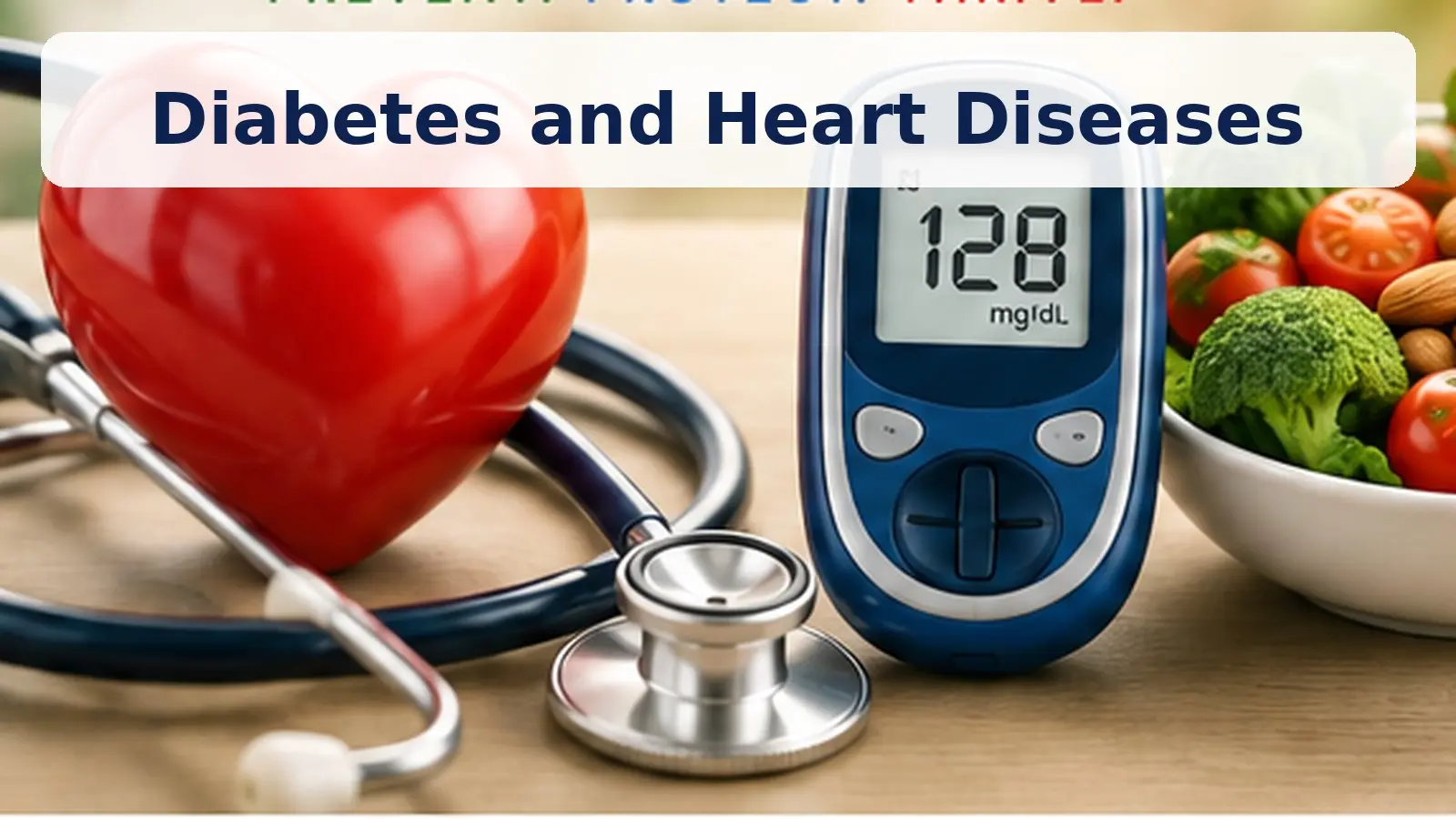 diabetes-and-heart-diseases - Adult and healthcare professional reviewing blood sugar and heart health with a glucose meter, blood pressure monitor, healthy food, and walking shoes