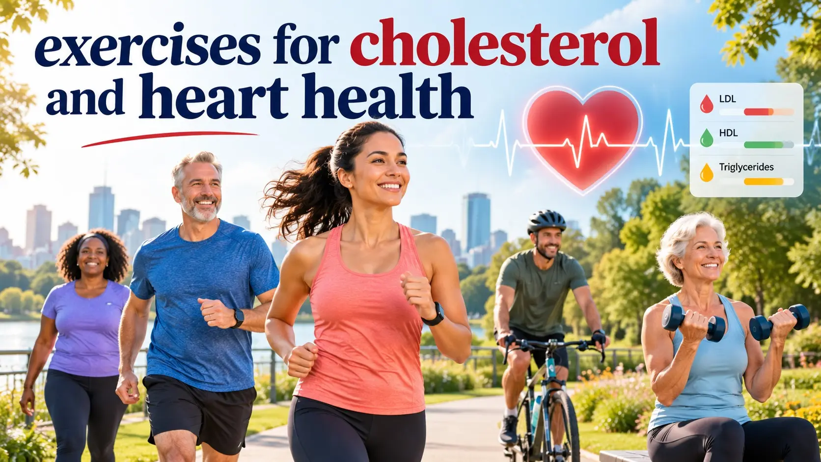 Exercises for cholesterol and heart health including brisk walking, cycling, swimming, strength training, and heart healthy activity