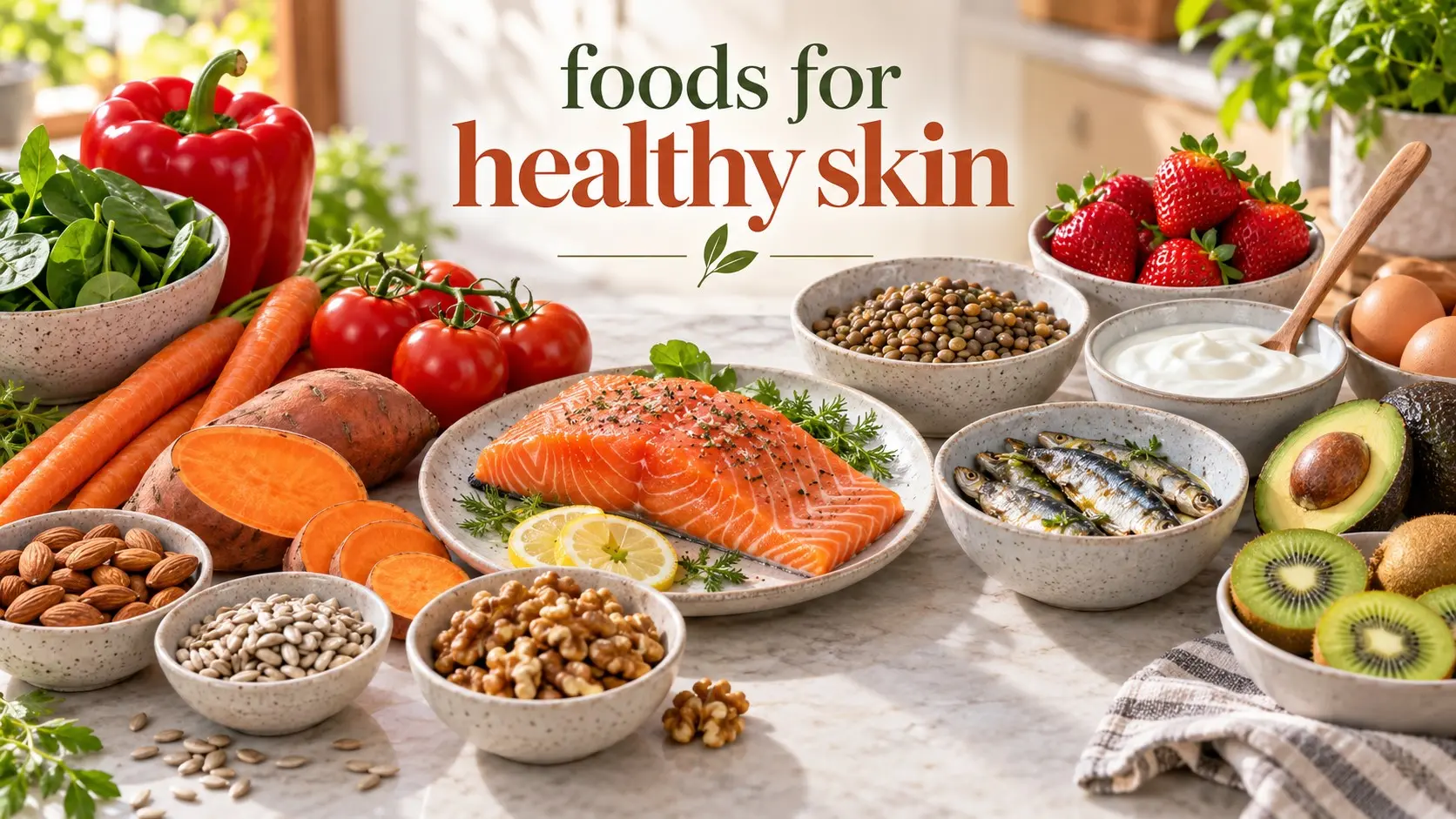 Foods for healthy skin including salmon berries peppers tomatoes avocado spinach nuts seeds eggs yogurt and lentils