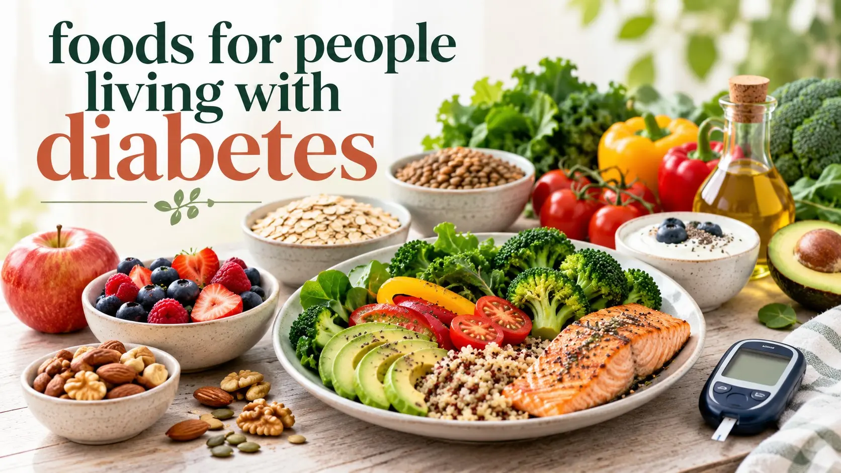 Foods for people living with diabetes including vegetables, berries, beans, oats, salmon, yogurt, nuts, avocado, tofu, and olive oil