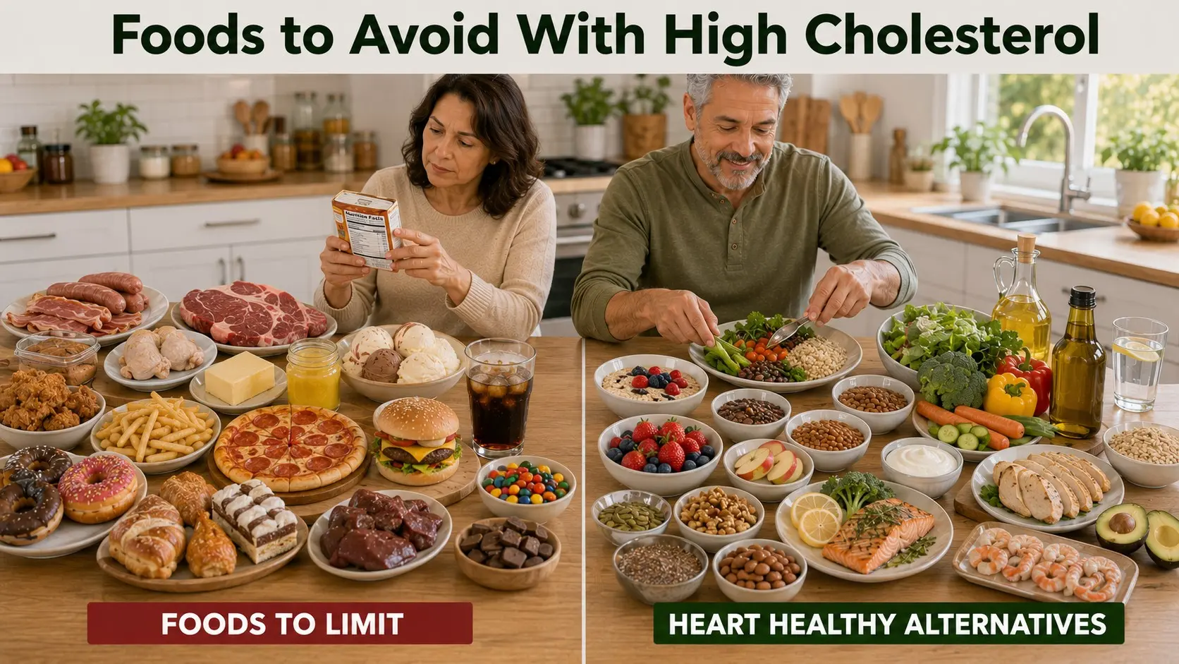 Foods high in saturated fat, such as processed meat, butter, pastries, and fried meals, shown beside heart healthy alternatives including oats, beans, fish, vegetables, nuts, eggs, and olive oil.