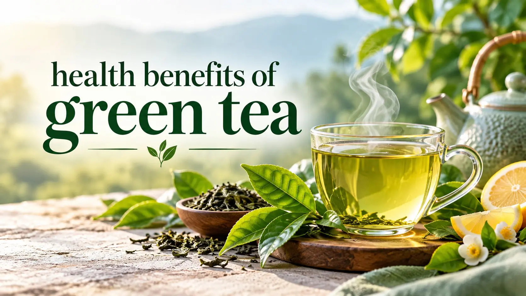 Health benefits of green tea shown with fresh green tea leaves, brewed tea, loose leaf tea, matcha, and a healthy daily routine