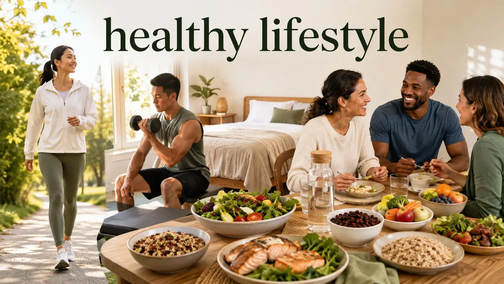 Healthy lifestyle roadmap with balanced food, walking, strength exercise, water, sleep, stress care, and preventive health habits