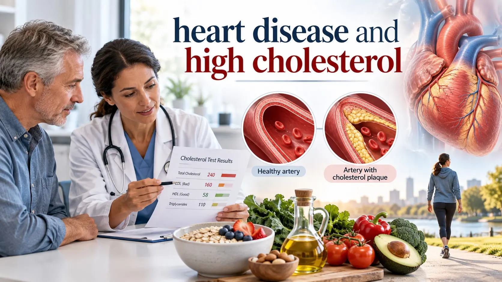 Heart disease and high cholesterol explained with artery plaque, LDL results, healthy food, exercise, and cardiovascular care