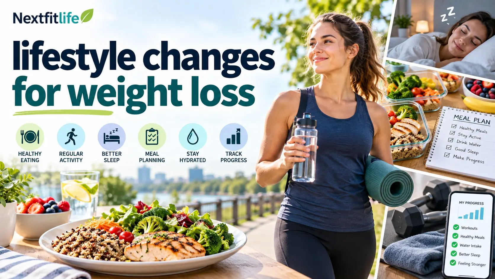 Lifestyle changes for weight loss with balanced food, walking, strength training, sleep, meal planning, and healthy routines