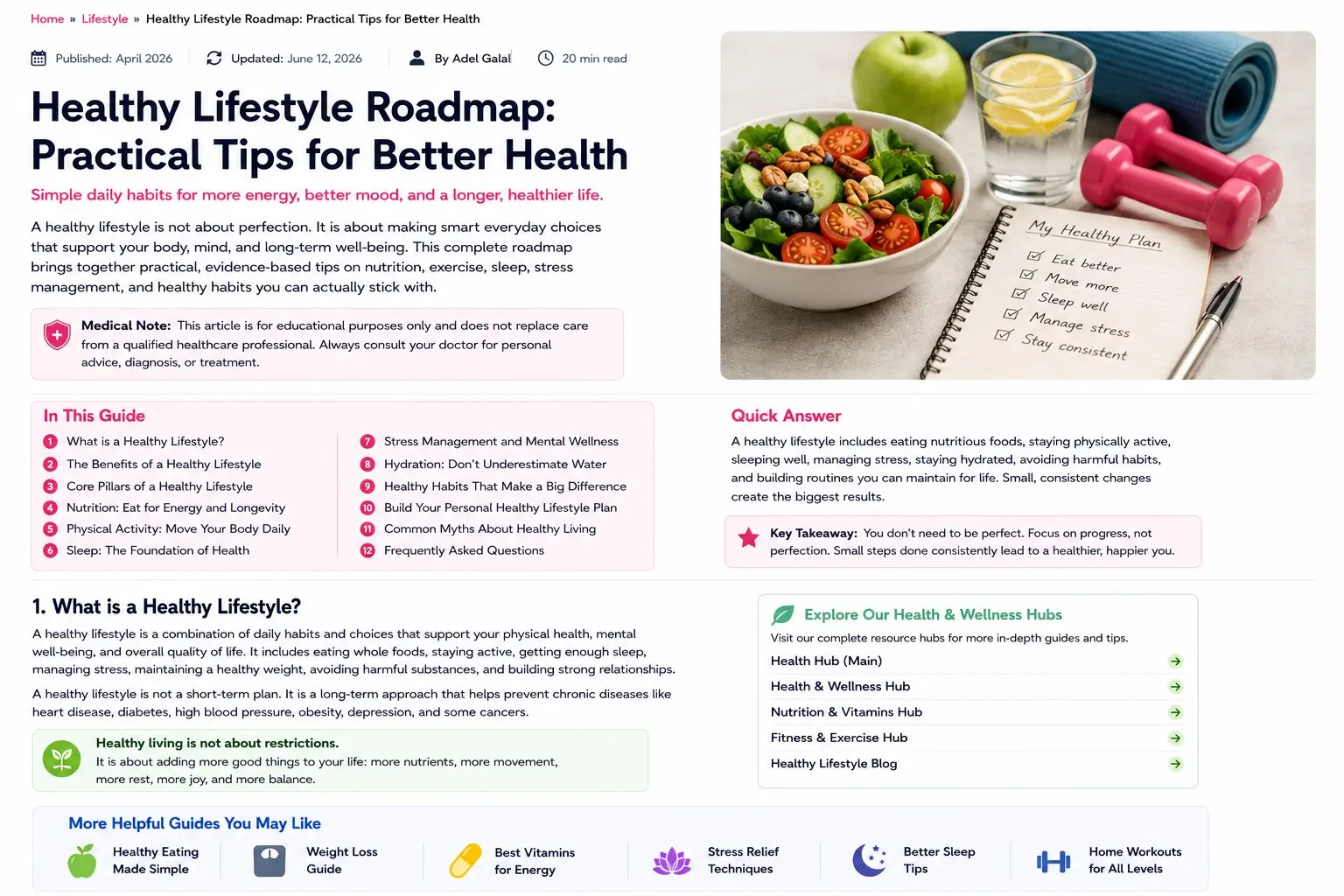 Adult following a healthy lifestyle with walking, strength exercise, whole foods, water, sleep, and a simple wellness planner