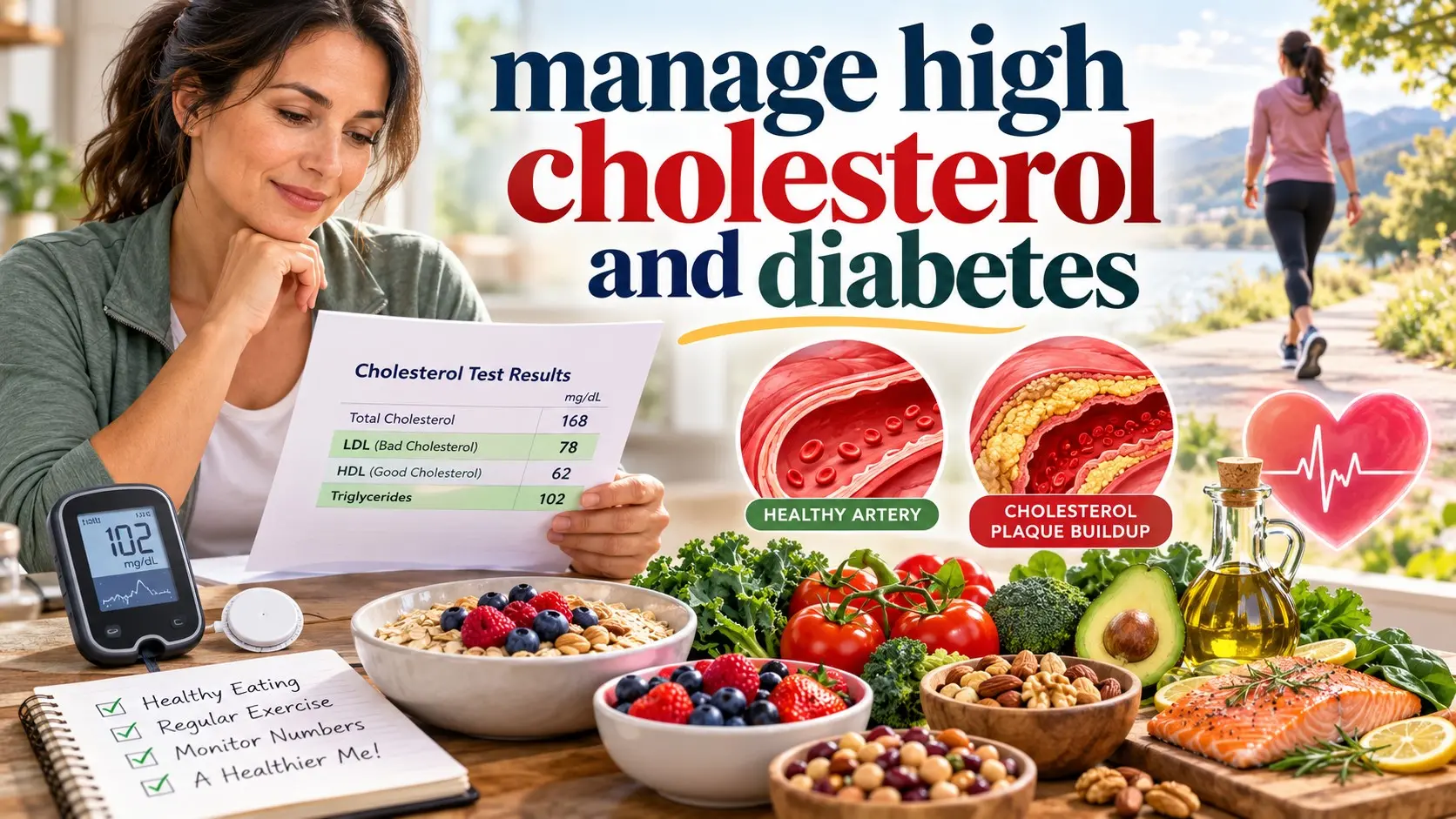 Manage high cholesterol and diabetes with healthy foods, glucose monitoring, cholesterol testing, exercise, and medical care