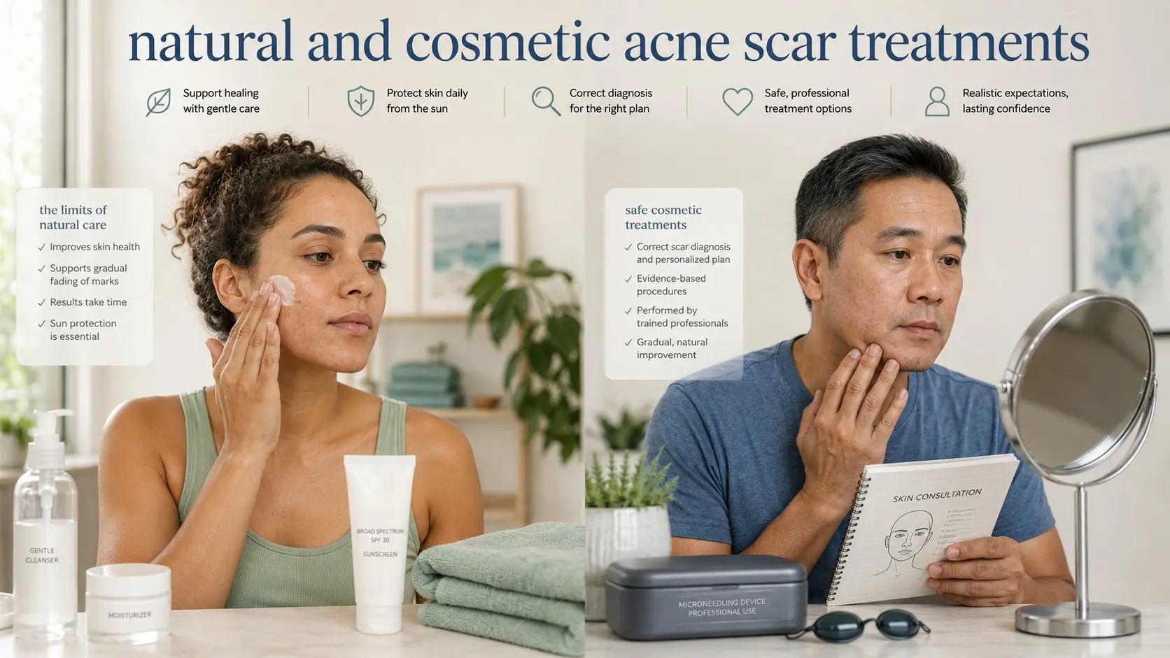 Natural and cosmetic acne scar treatments - Adults comparing gentle home care with professional cosmetic treatment for realistic acne scars and dark marks