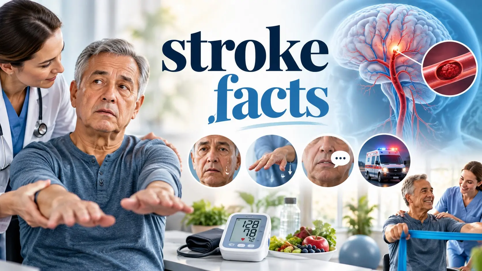 Stroke facts showing B.E. F.A.S.T. warning signs, brain blood vessels, emergency treatment, stroke prevention, and recovery