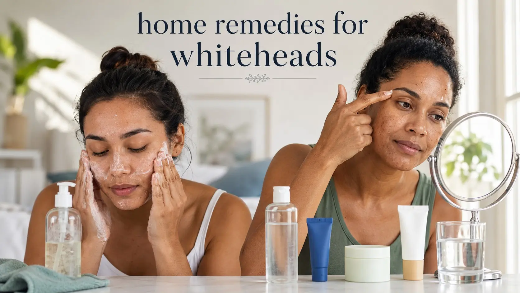 home remedies for whiteheads- Adults using gentle cleanser and acne treatment for small whiteheads and clogged pores at home
