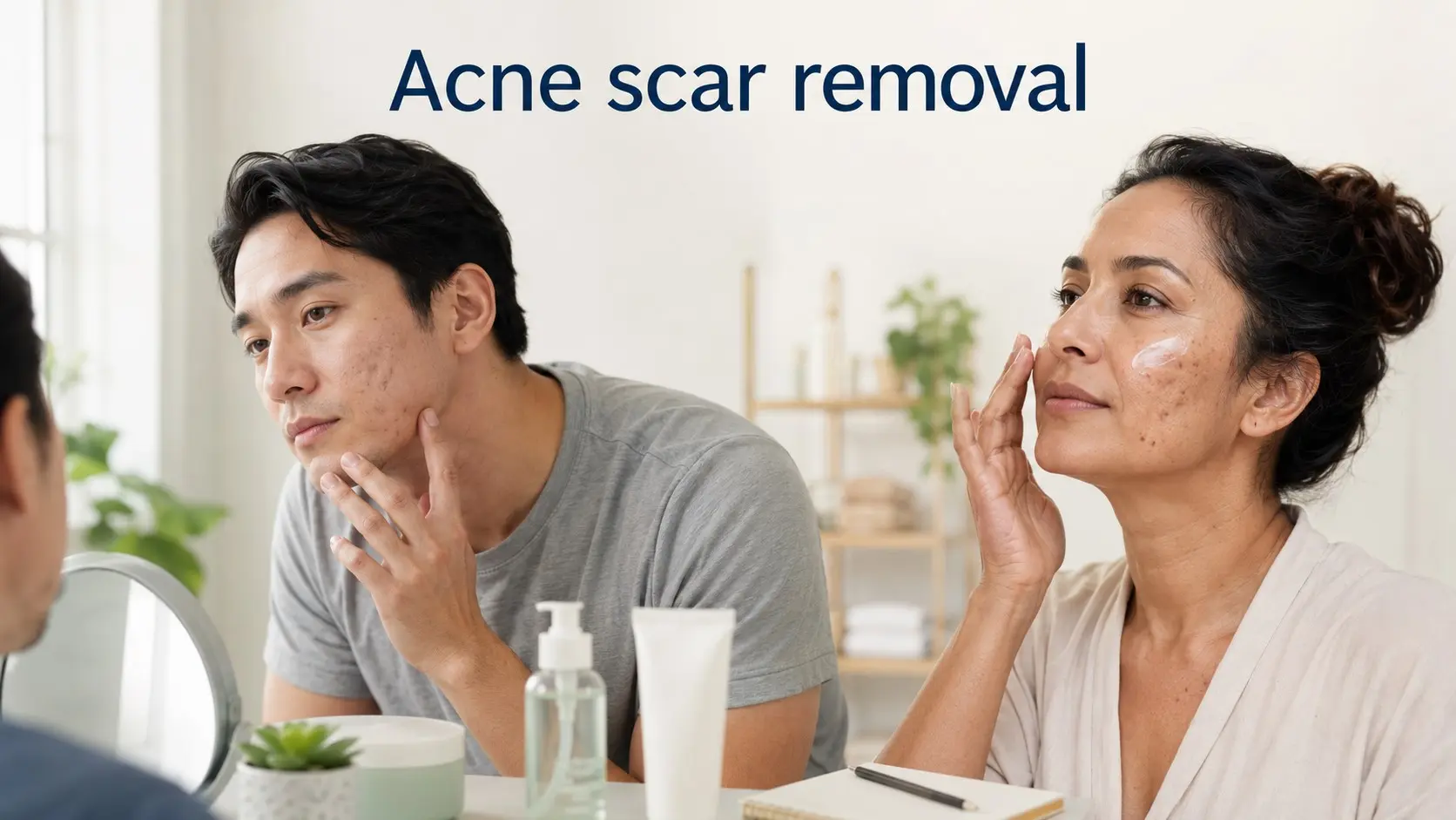 Acne scar removal- Adults with realistic acne scars and dark marks following gentle skin care while considering professional scar treatment