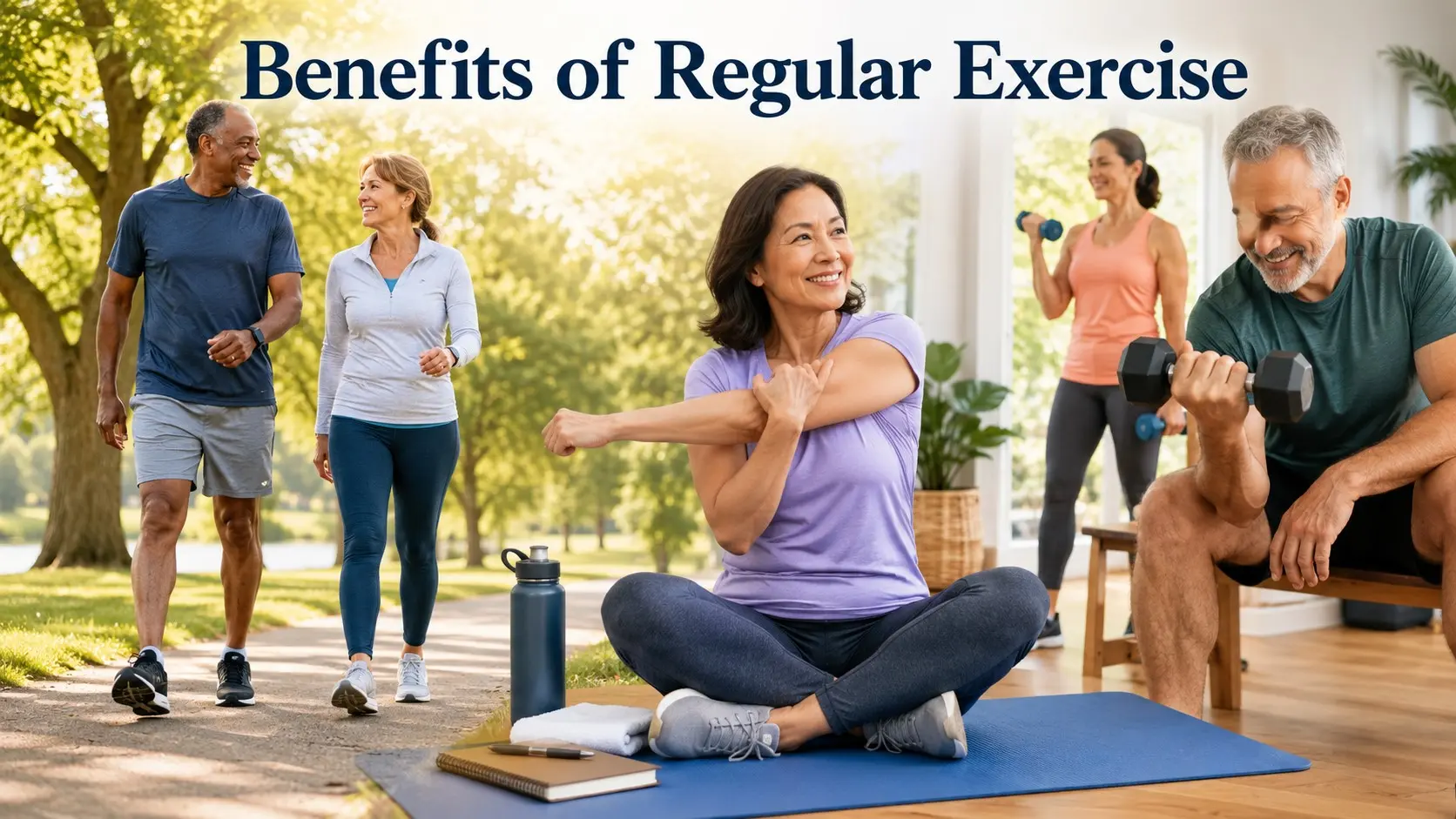 Benefits of Regular Exercise guide with adults walking, stretching, using light dumbbells, and building safe fitness habits