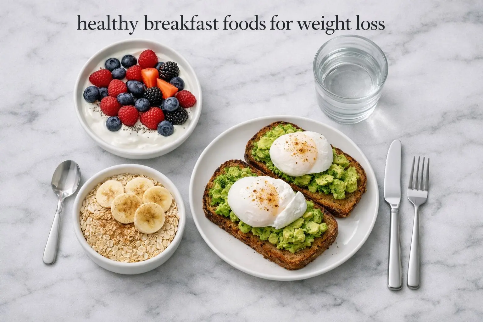 Healthy breakfast foods for weight loss including Greek yoghurt eggs avocado oats and berries on white marble