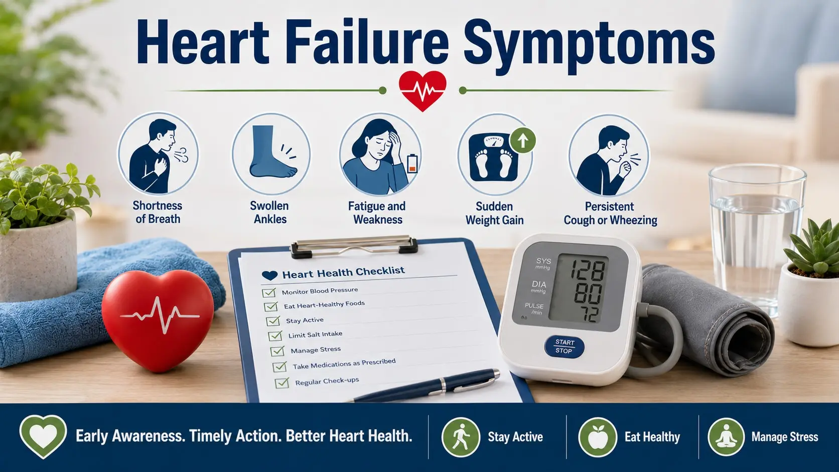 Heart Failure Symptoms guide with heart icon, shortness of breath, swollen ankles, fatigue, blood pressure monitor, and medical checklist.