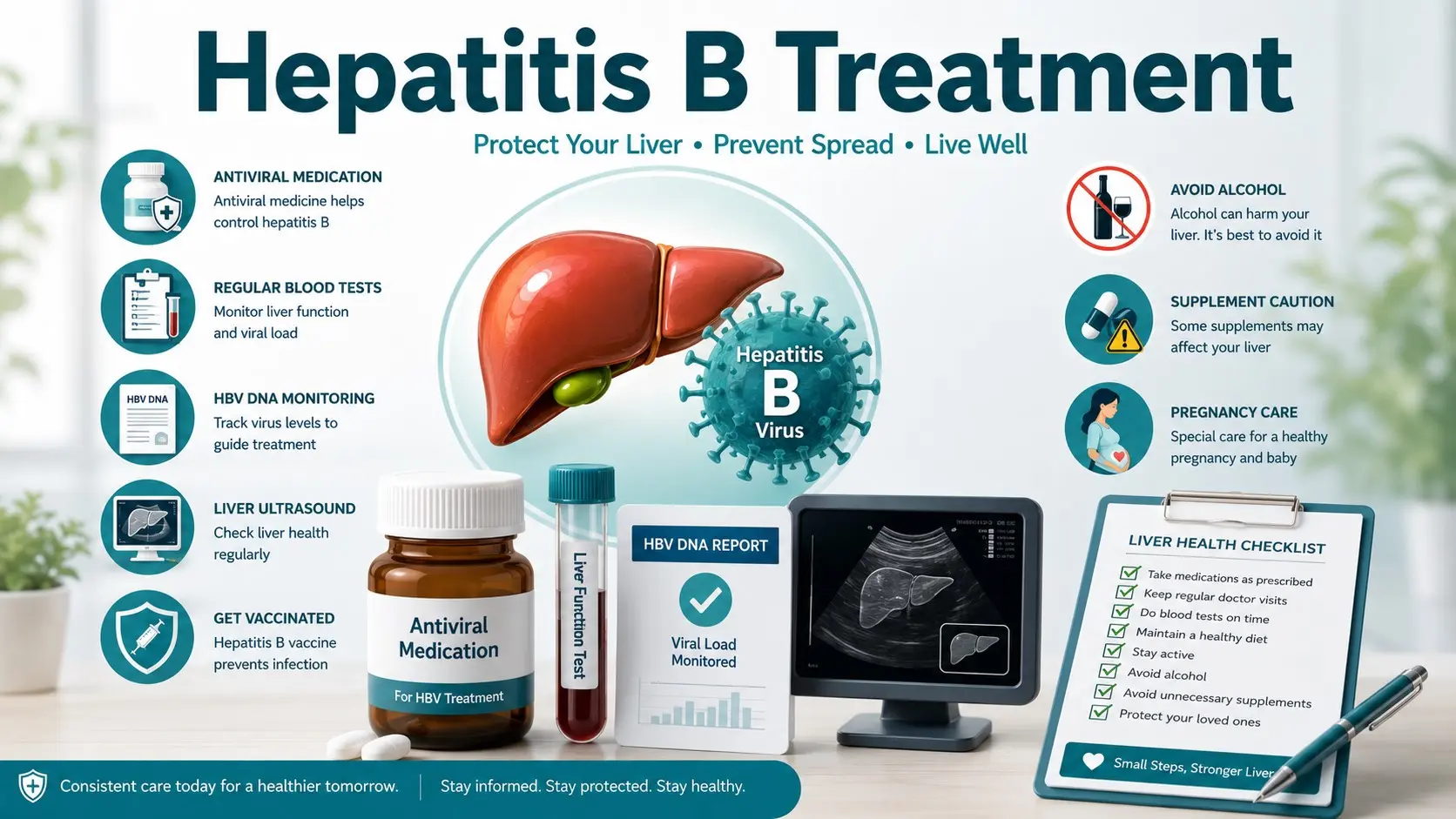 epatitis B Treatment guide with liver icon, antiviral medicine, blood tests, HBV DNA monitoring, ultrasound, vaccination, pregnancy care, no alcohol, and doctor checklist icons.