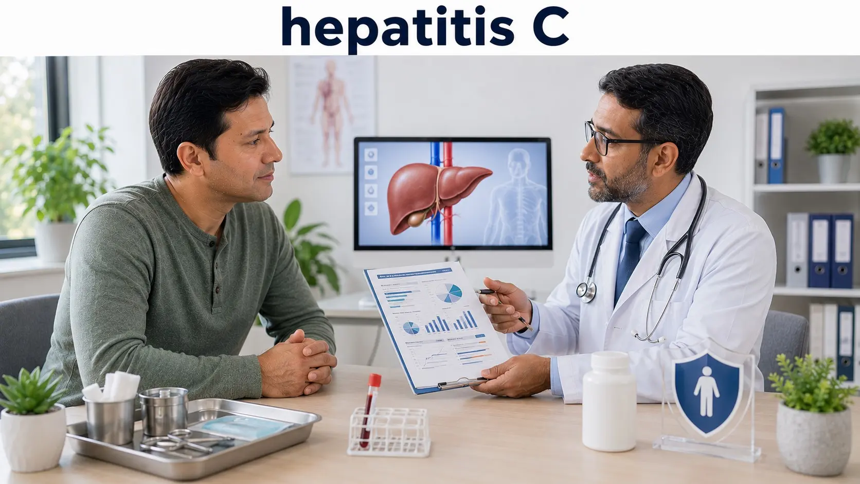 Patient discussing hepatitis C testing, antiviral treatment, and prevention with a healthcare professional beside a liver illustration.