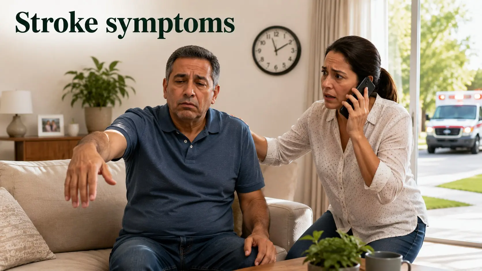 Stroke symptoms -Adult showing facial drooping and one-sided arm weakness while another person calls emergency services for a possible stroke.