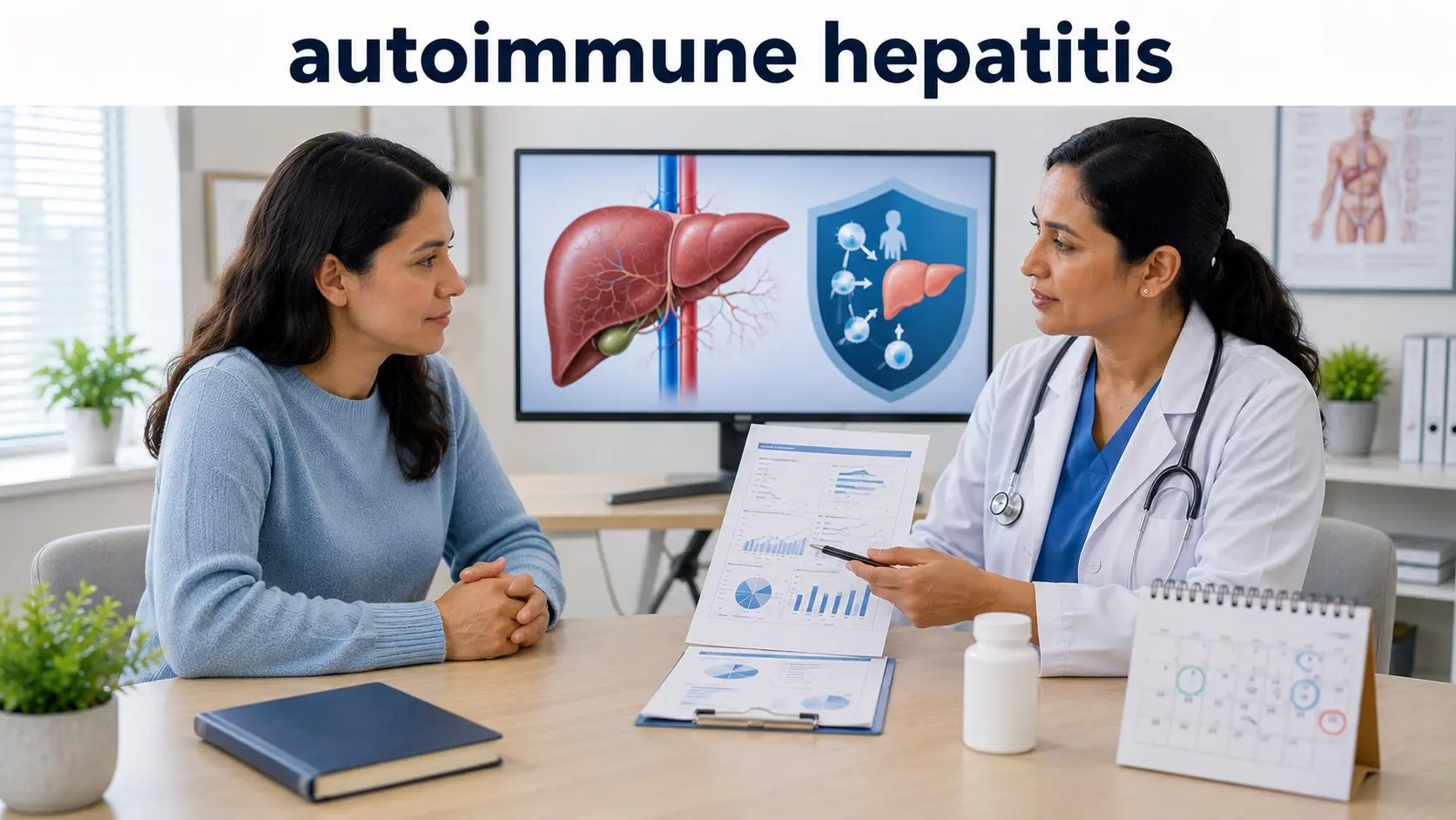 Patient discussing autoimmune hepatitis blood tests, liver biopsy, treatment, and long-term monitoring with a healthcare professional.
