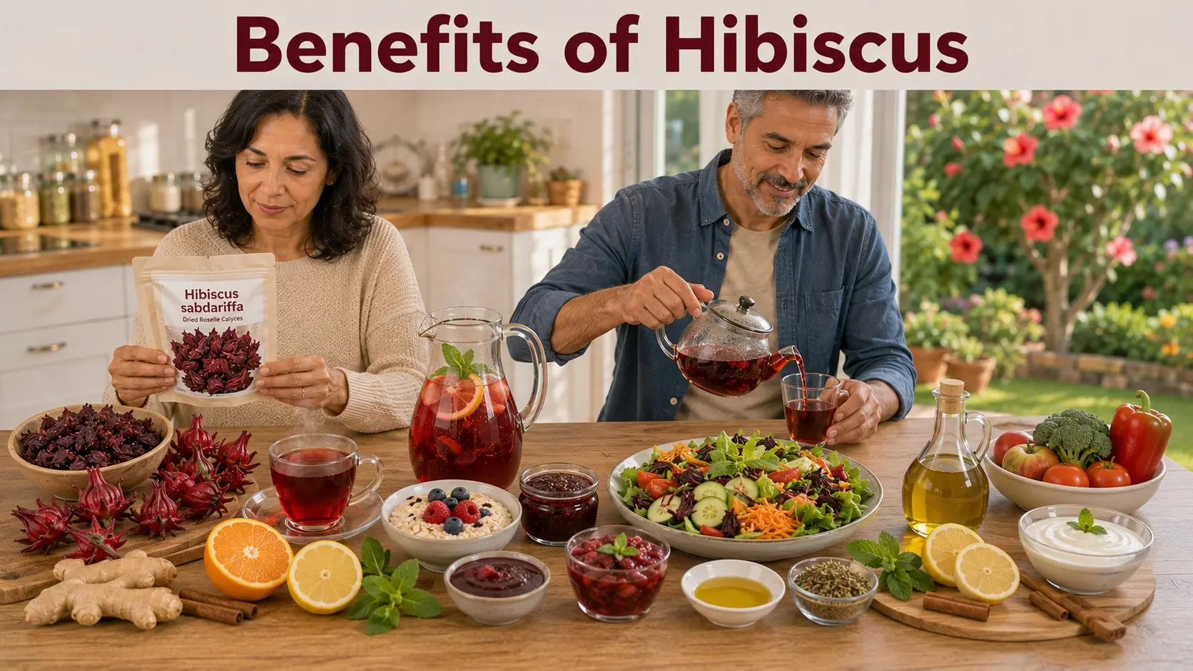 Benefits of hibiscus guide showing food grade roselle calyces, unsweetened hibiscus tea, chilled karkade, fruit compote, salad dressing, and safe culinary uses.