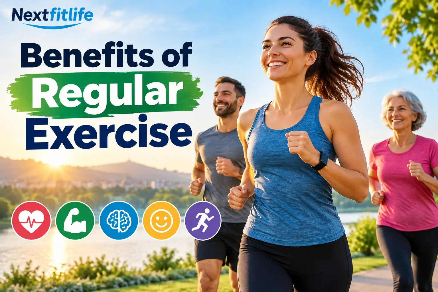 Benefits of regular exercise including heart health, muscle strength, brain health, sleep, balance, and healthy aging