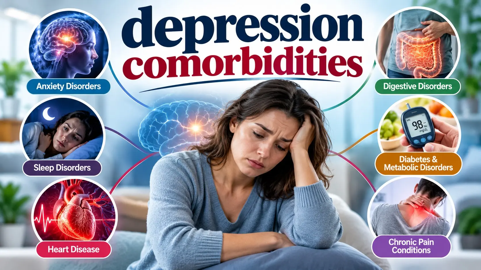 Depression comorbidities showing anxiety, substance use, eating disorders, chronic pain, sleep problems, and chronic medical conditions
