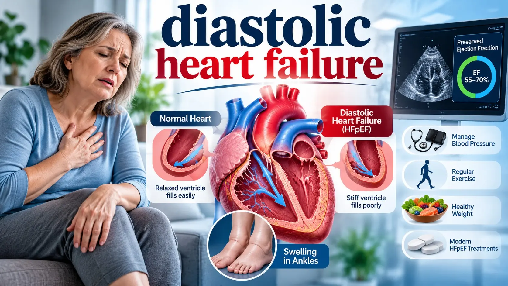 Diastolic heart failure showing HFpEF, shortness of breath, ankle swelling, preserved ejection fraction, echocardiogram, and treatment
