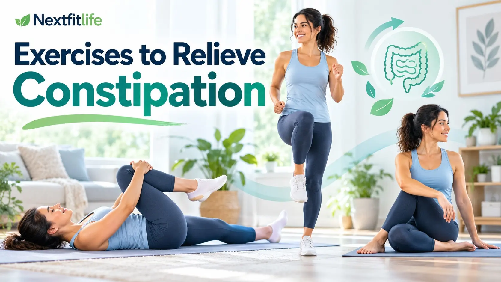 Exercises to relieve constipation including walking, gentle stretching, pelvic tilts, breathing, and bowel movement support