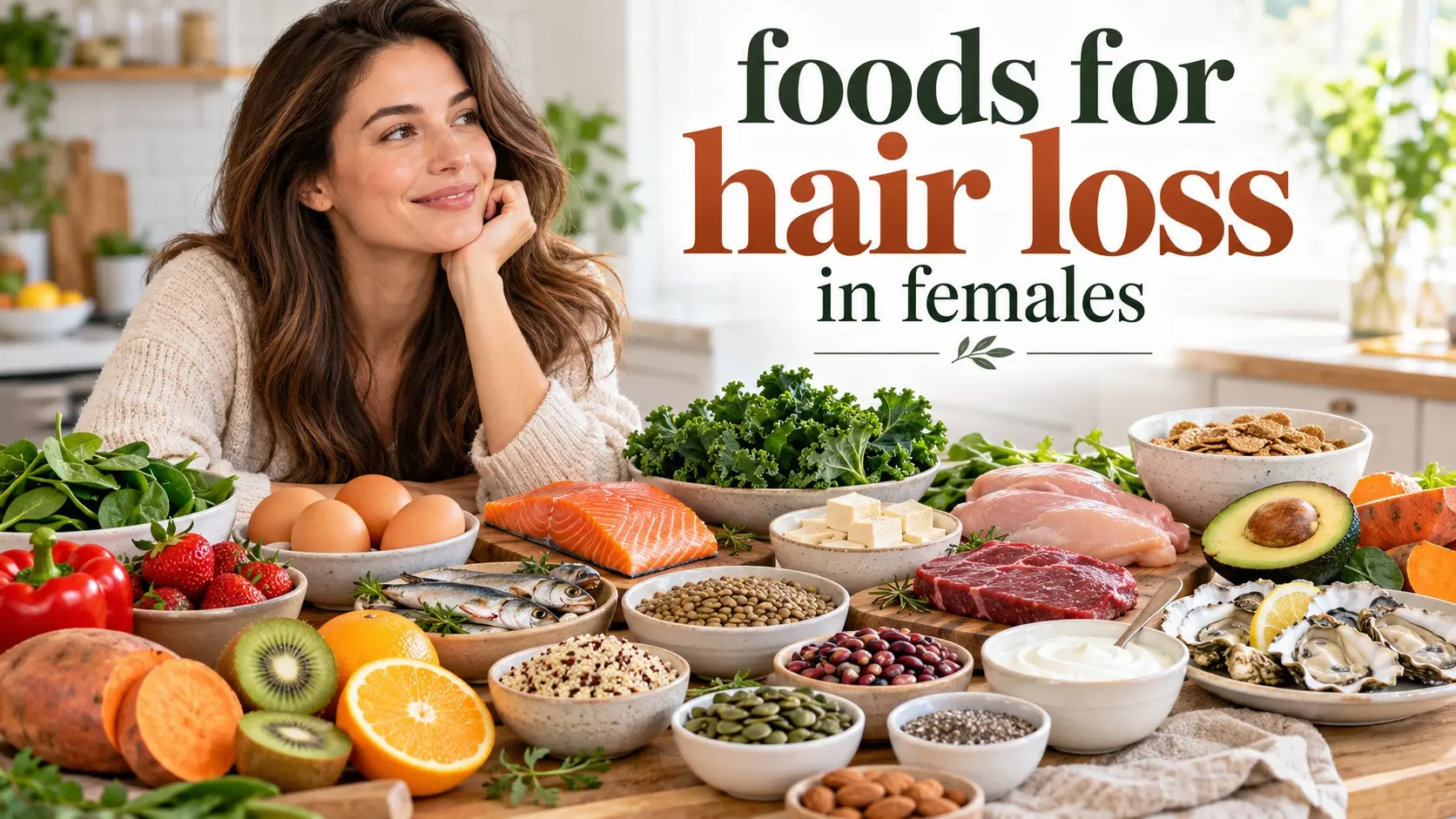 Foods for hair loss in females including eggs, salmon, lentils, spinach, berries, seeds, tofu, and other nutrient rich foods.