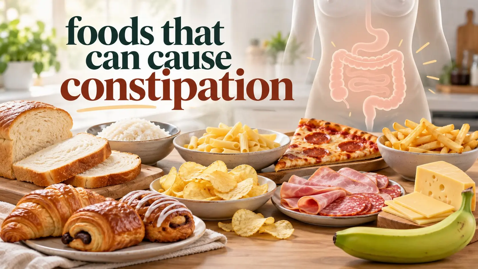 Foods that can cause constipation including refined grains, fried foods, processed snacks, cheese, and other low fiber choices.