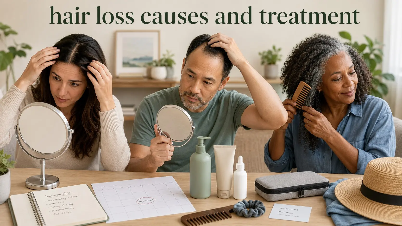 hair loss causes and treatment- Adults checking different patterns of hair thinning while following gentle hair care and planning professional assessment