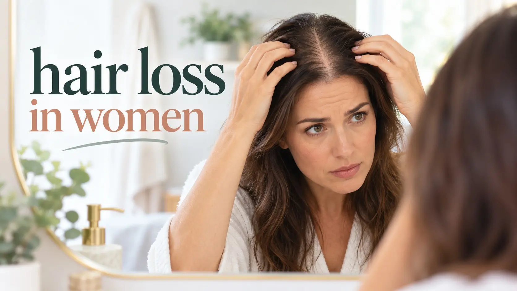 Hair loss in women shown by a woman checking a widening hair part and thinning at the crown.