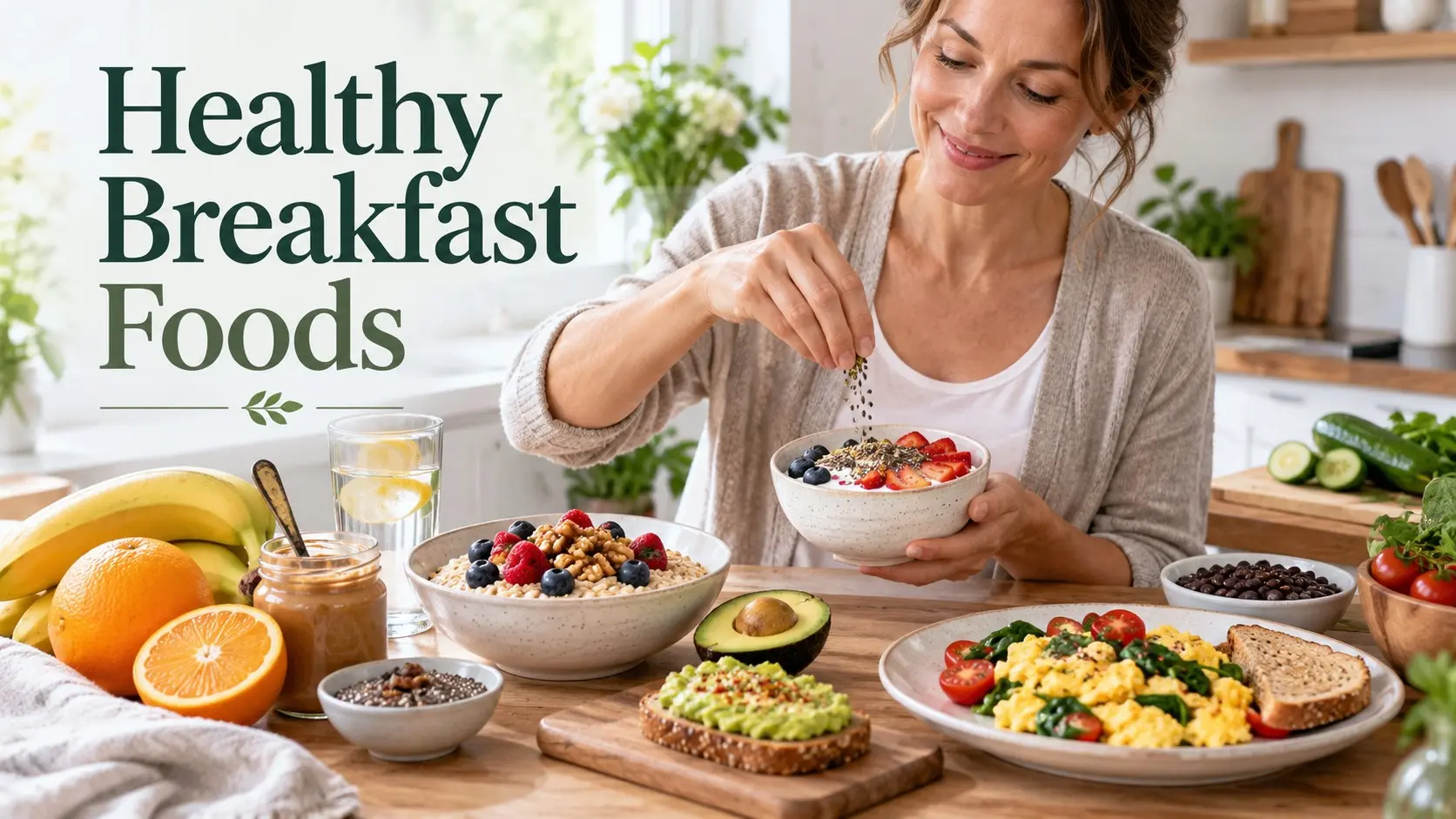 Healthy Breakfast Foods including oats eggs yogurt berries whole grains beans nuts seeds avocado tofu and fruit
