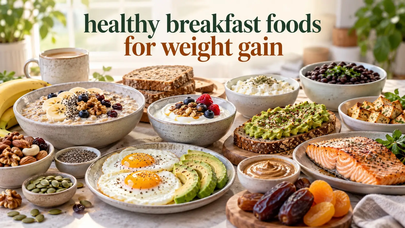 Healthy breakfast foods for weight gain with eggs oats yogurt avocado nuts bananas toast and protein foods