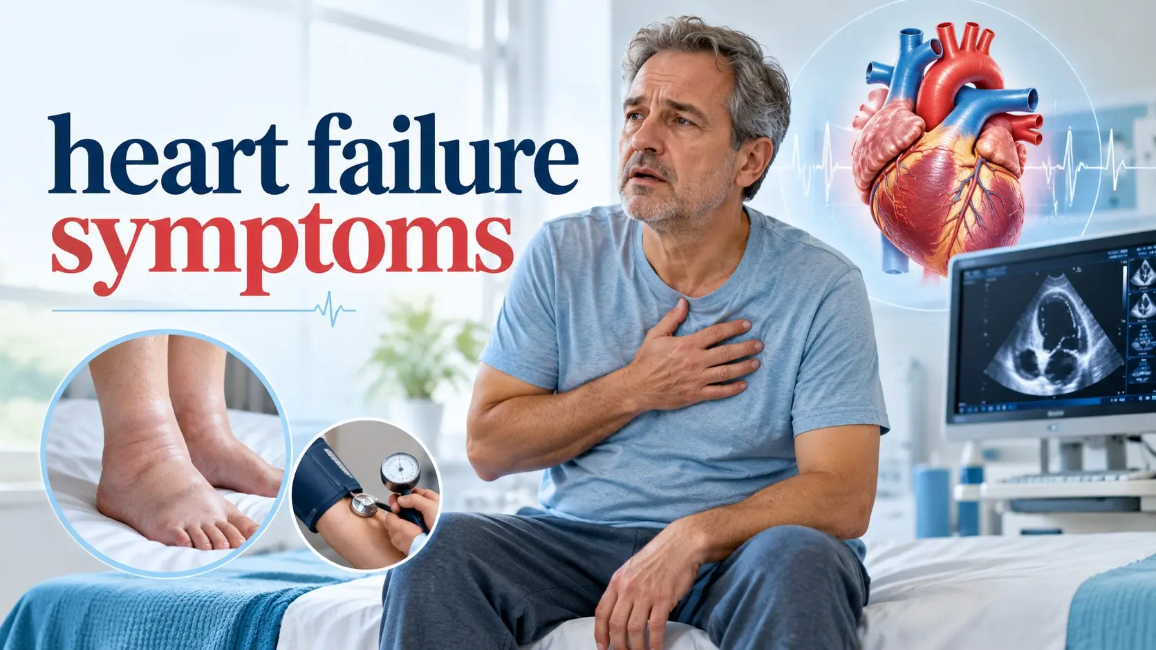 Heart failure symptoms including shortness of breath, ankle swelling, fatigue, weight gain, heart imaging, and BNP testing