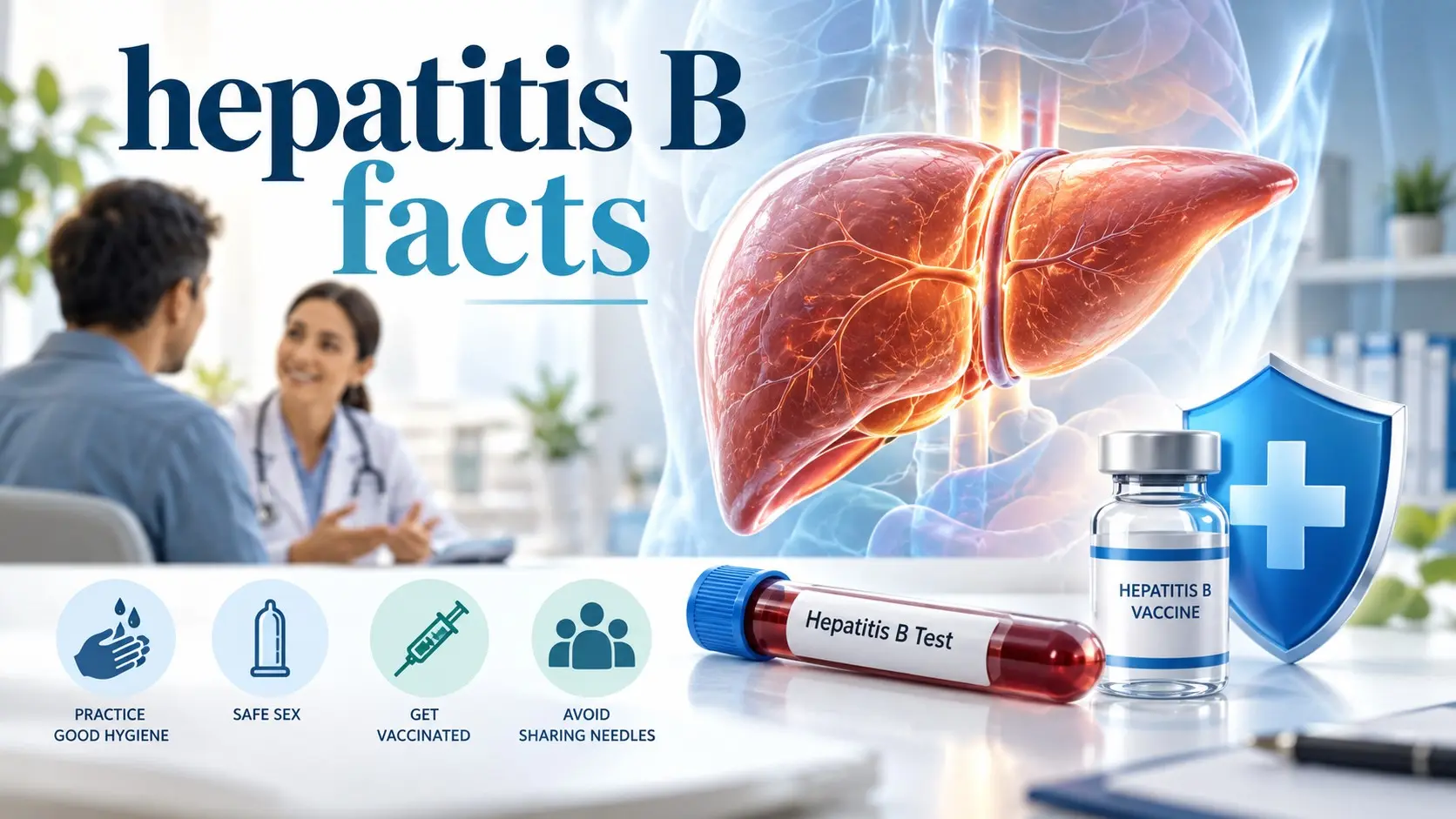 Hepatitis B facts illustrated with liver health, HBV testing, vaccination, antiviral treatment, pregnancy care, and prevention.