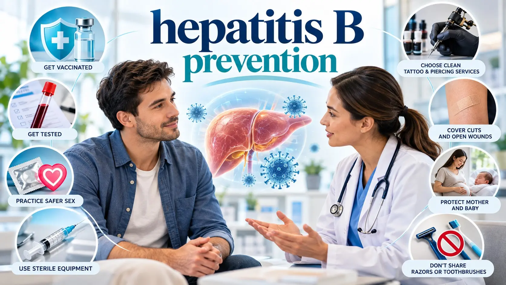 Hepatitis B prevention with vaccination, blood testing, safer sex, sterile equipment, pregnancy care, and newborn protection.