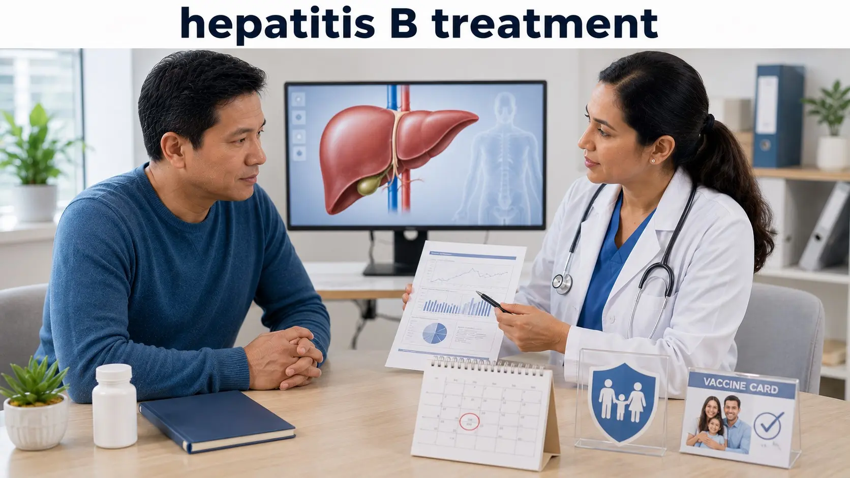 Patient discussing hepatitis B treatment, antiviral medicine, blood tests, and long-term liver monitoring with a healthcare professional.