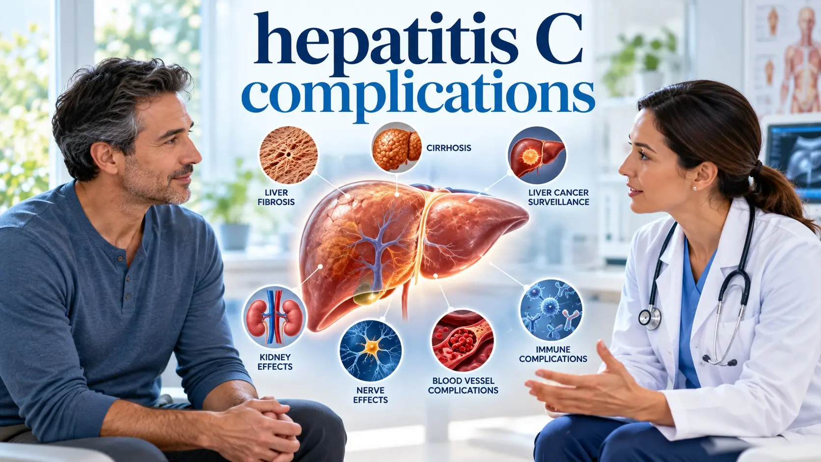 Hepatitis C complications affecting the liver, kidneys, nerves, skin, and blood with antiviral treatment and liver monitoring.
