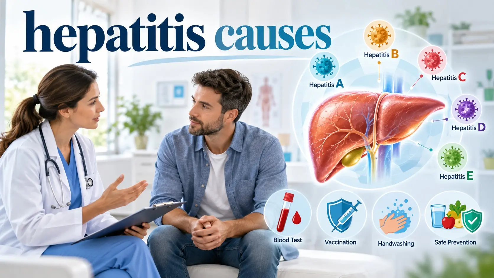 Hepatitis causes illustrated with the liver, viral hepatitis types, blood testing, vaccination, and prevention.