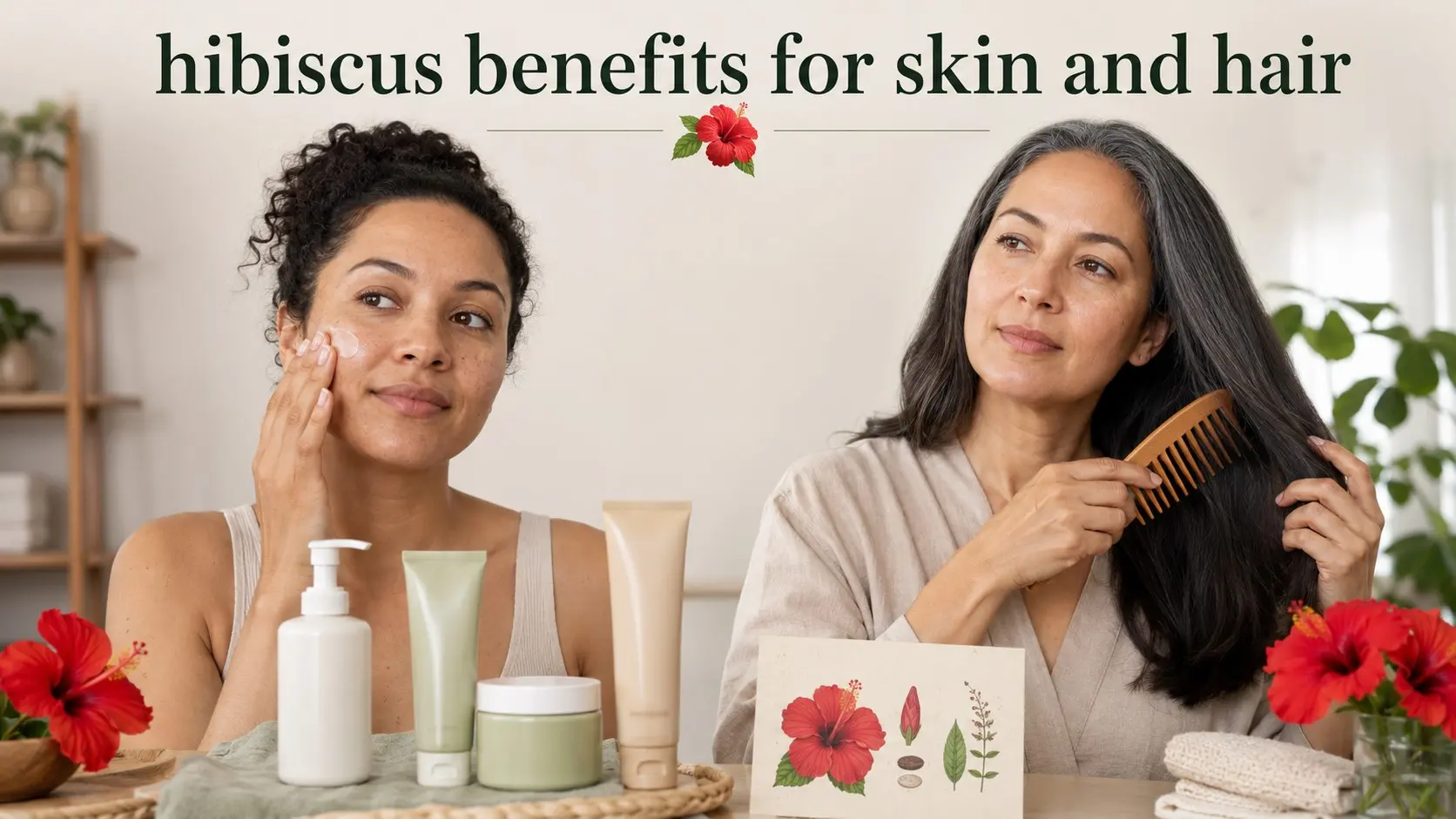 hibiscus benefits for skin and hair - Adults using finished hibiscus skin and hair products with realistic skin texture and natural hair