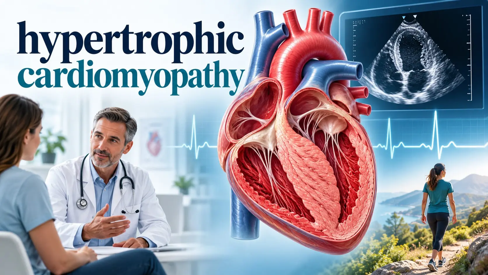 Hypertrophic cardiomyopathy showing thickened heart muscle, exercise, family screening, rhythm monitoring, treatment, and warning signs