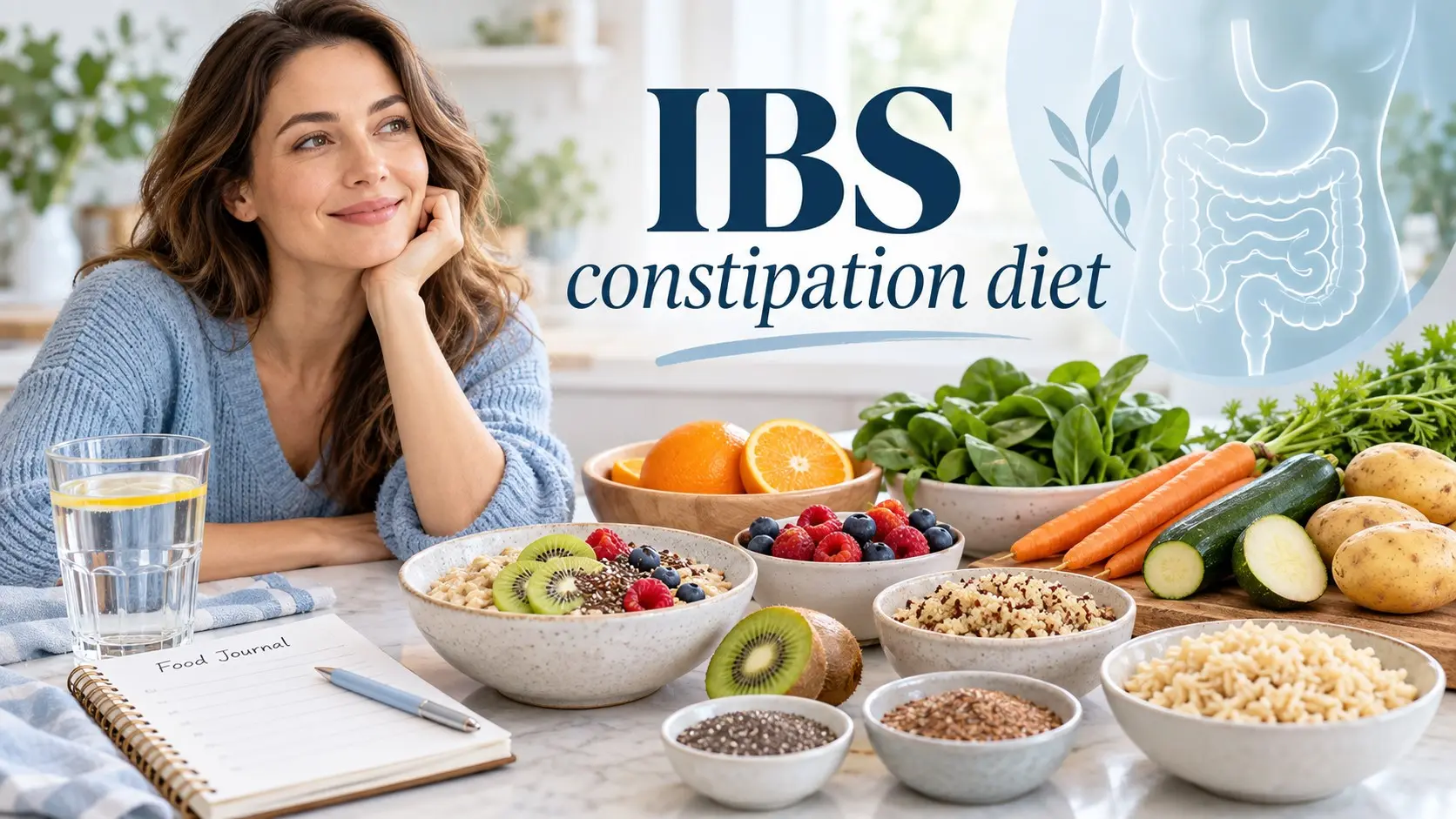 IBS constipation diet with oats, kiwi, vegetables, low FODMAP foods, soluble fiber, and water for constipation support.