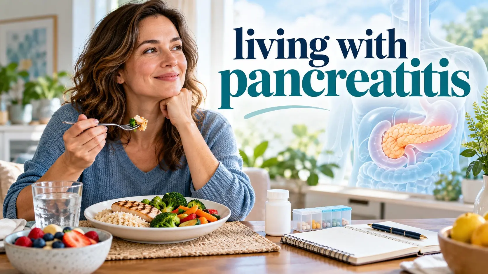 Living with pancreatitis with healthy meals, pancreatic enzymes, symptom tracking, gentle activity, and ongoing medical care.