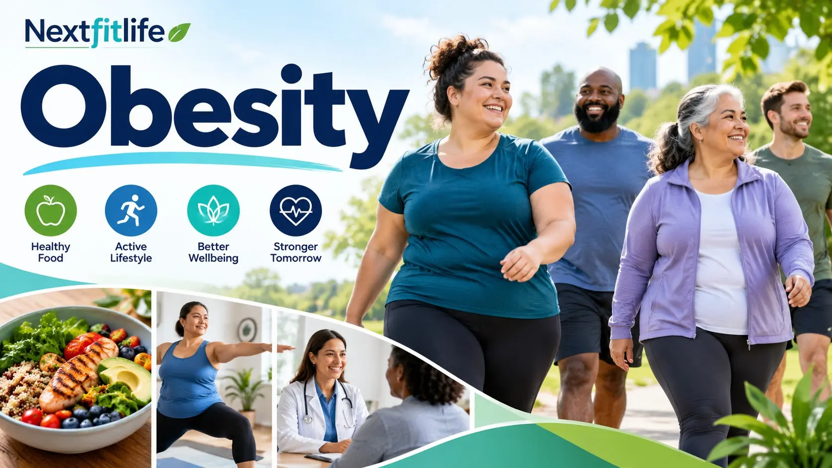 Obesity care with balanced nutrition, walking, strength training, healthy sleep, medical support, and safe weight management