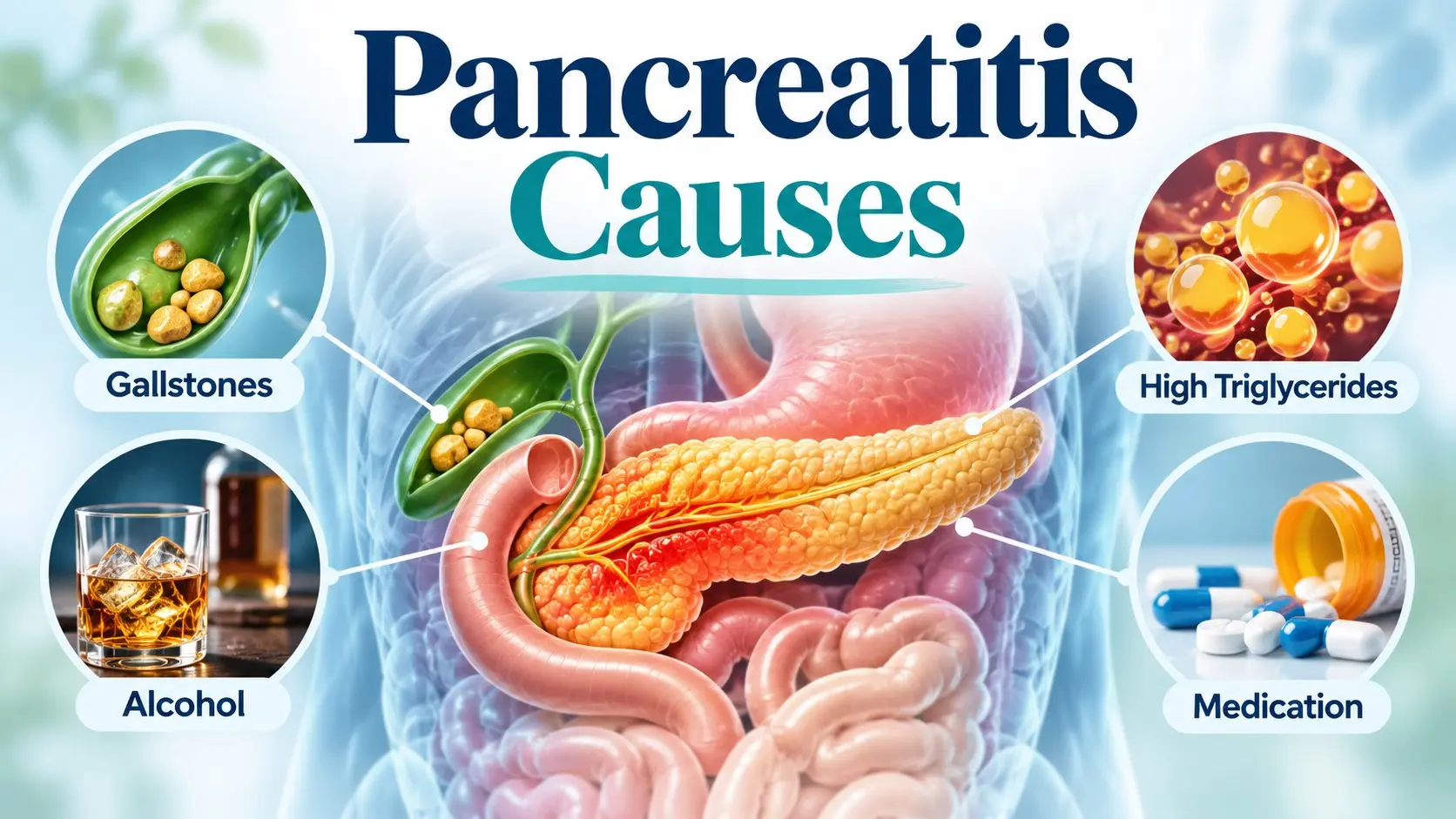 Pancreatitis causes illustrated with the pancreas, gallstones, alcohol, triglycerides, symptoms, testing, and medical treatment.