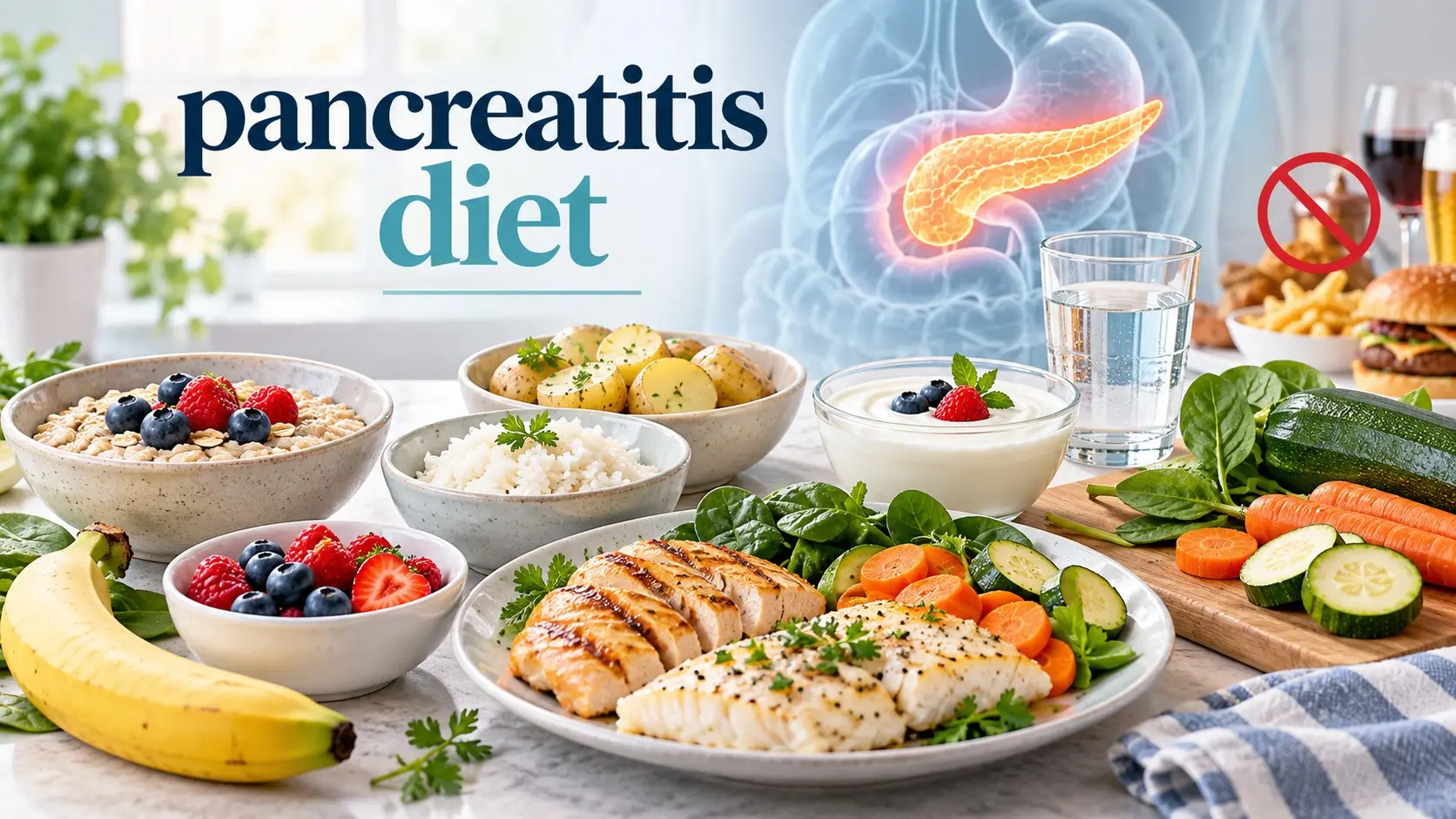 Pancreatitis diet with lean protein, oats, rice, vegetables, fruit, low fat foods, and water for pancreatic recovery.
